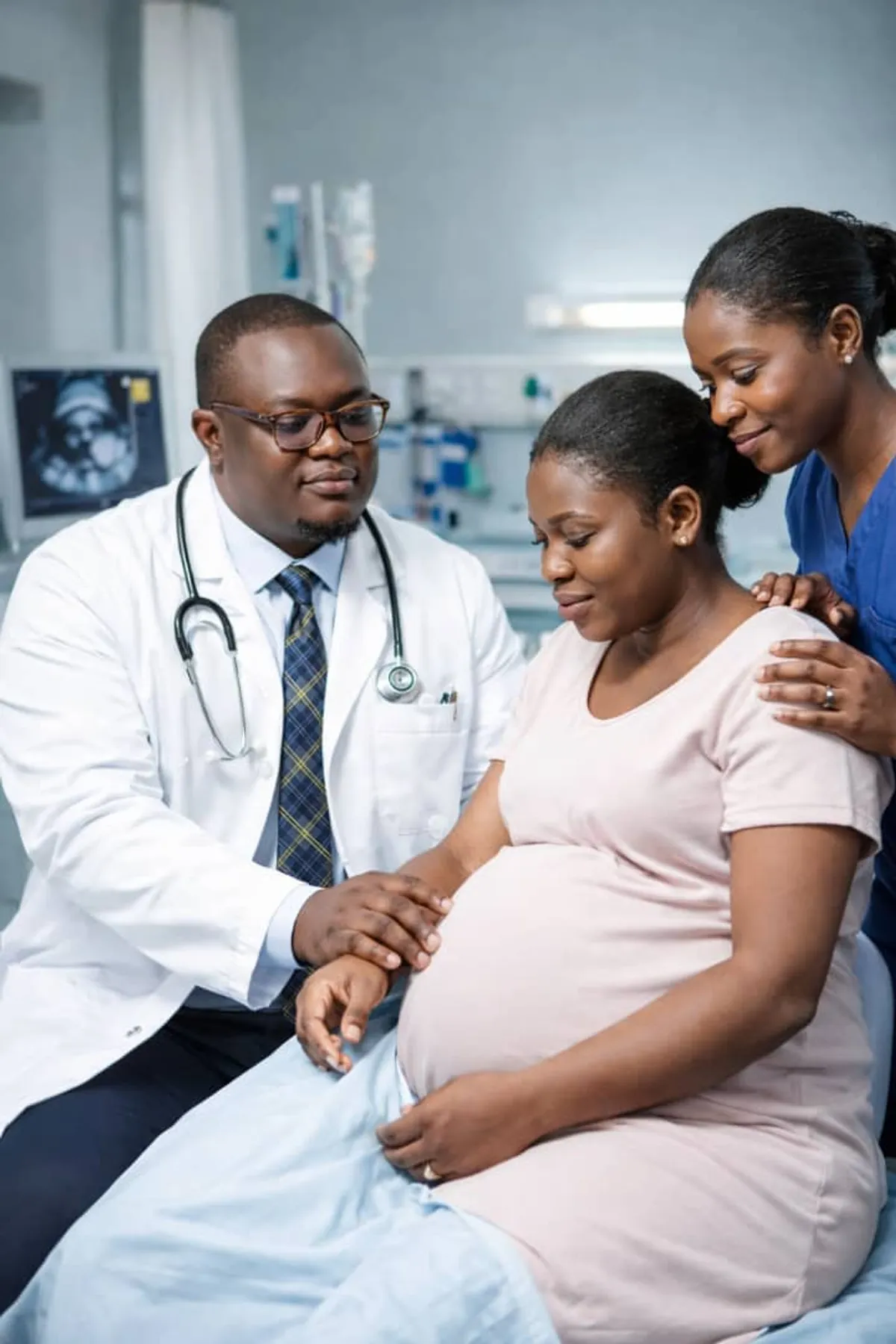 A doctor at Jerou hospital attending to a pregnant patient alongside a nursing staff